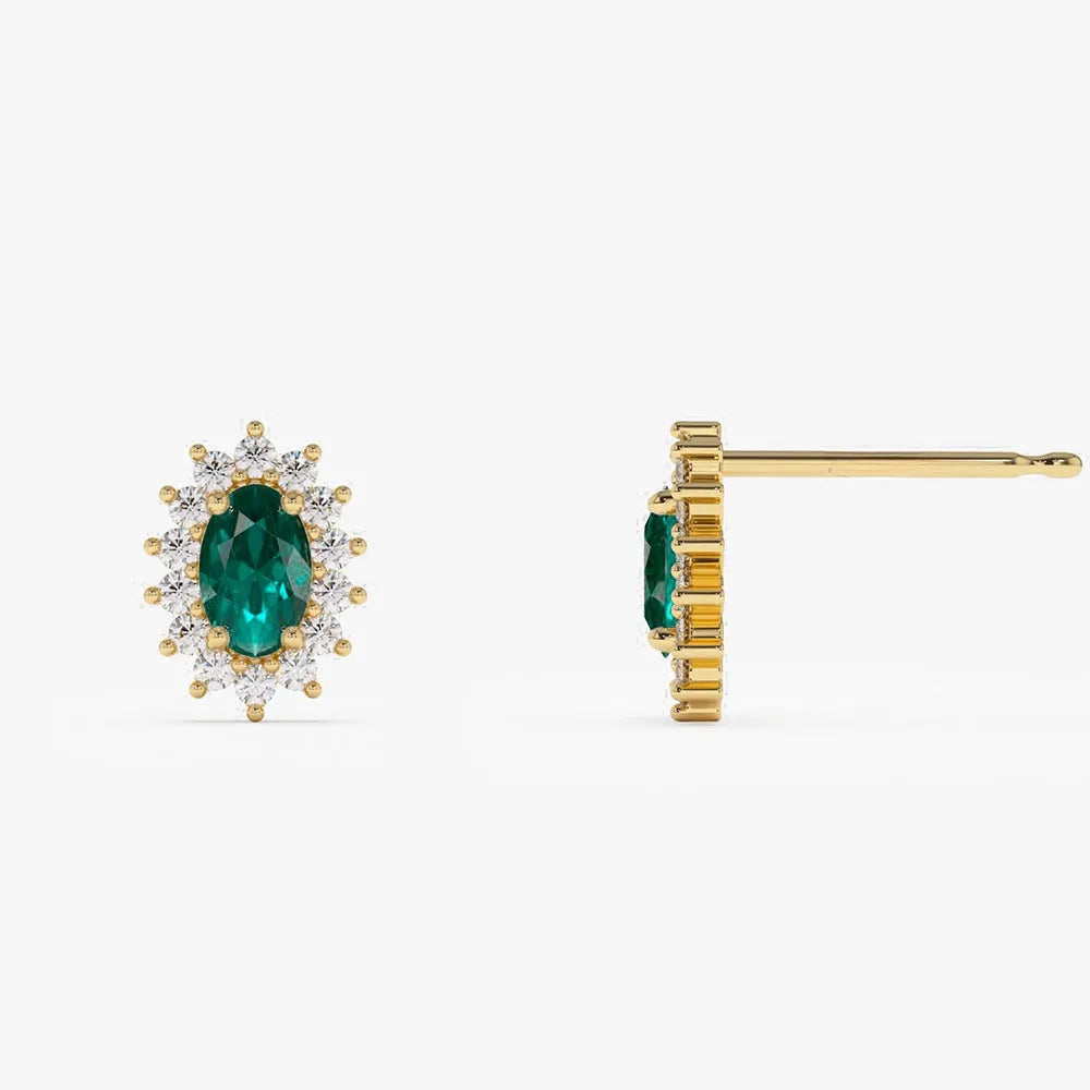 14k Solid Gold Oval Emerald and Round Diamond Halo Earrings 0.37 ctw