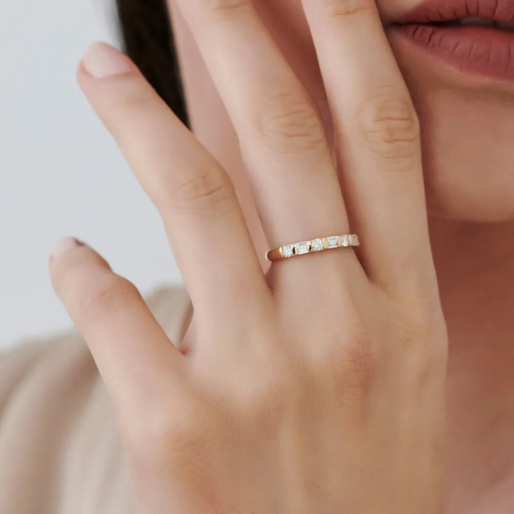 14K Solid Gold Double Baguette and Round Diamond 0.50 Carat Wedding Ring