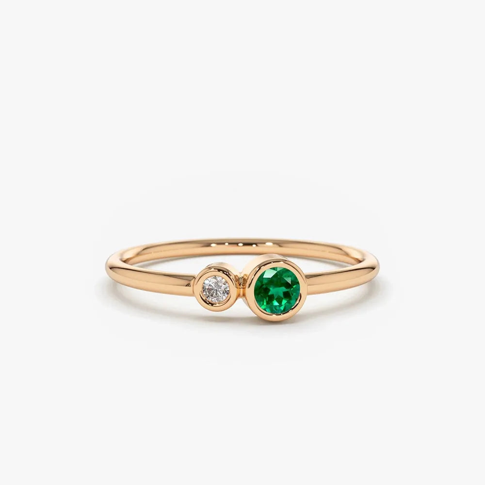 14K Solid Gold Round Emerald and Diamond Bezel Set Ring 0.17 CTW Handcrafted Jewelry