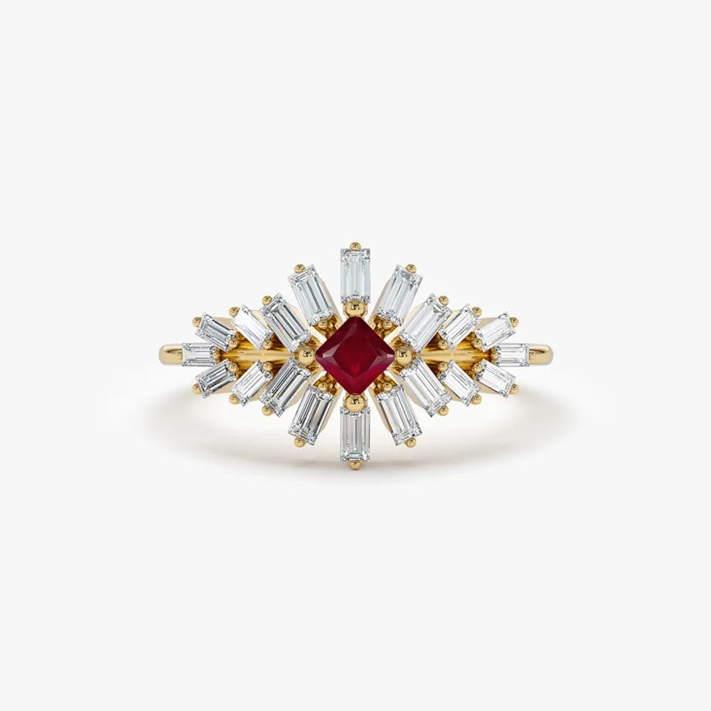 14k Gold Ruby and Diamond Square and Baguette Cut Ring 0.54 ctw