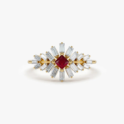 14k Gold Ruby and Diamond Square and Baguette Cut Ring 0.54 ctw