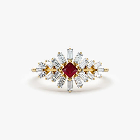14k Gold Ruby and Diamond Square and Baguette Cut Ring 0.54 ctw