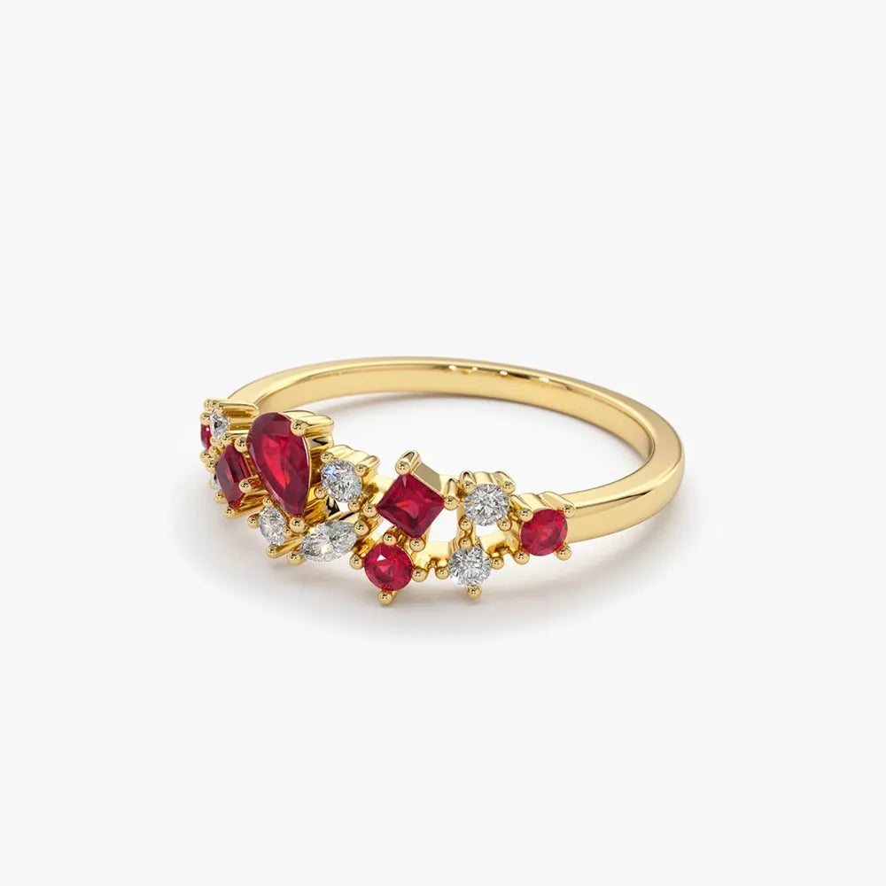 14k Gold Ruby and Diamond Mixed Shape Cluster Ring 0.60 ctw