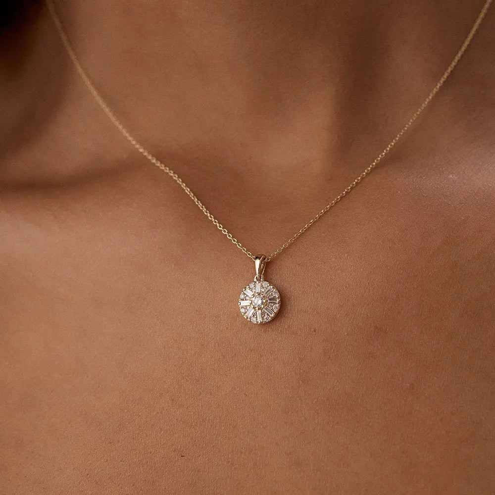 14K Solid Gold Baguette and Round Diamond Cluster Pendant Necklace 0.32ctw