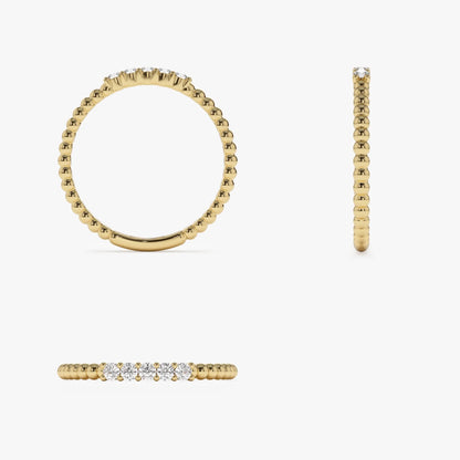 14K Solid Gold 0.10 ctw Natural Round Diamond Stacking Beaded Band