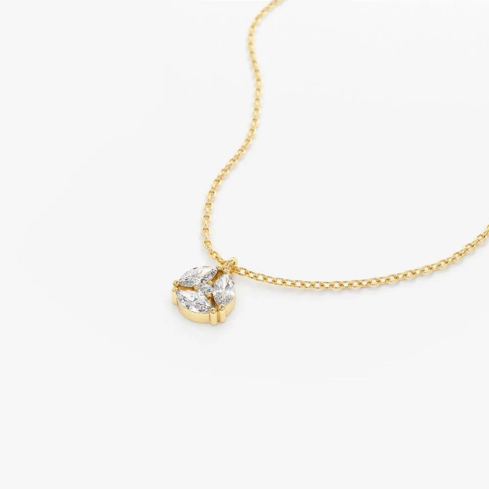 14K Solid Gold Marquise and Round Diamond Cluster Necklace Prong Setting 0.16ctw