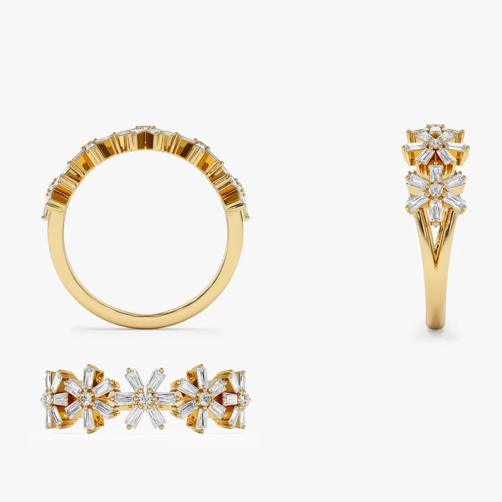 14K Gold 0.49 Carat Round and Baguette Diamond Multi Flower Design Ring