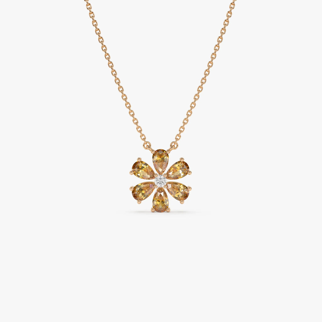 14k Solid Gold Citrine and Diamond Pear and Round Flower Necklace 1.40 Carat
