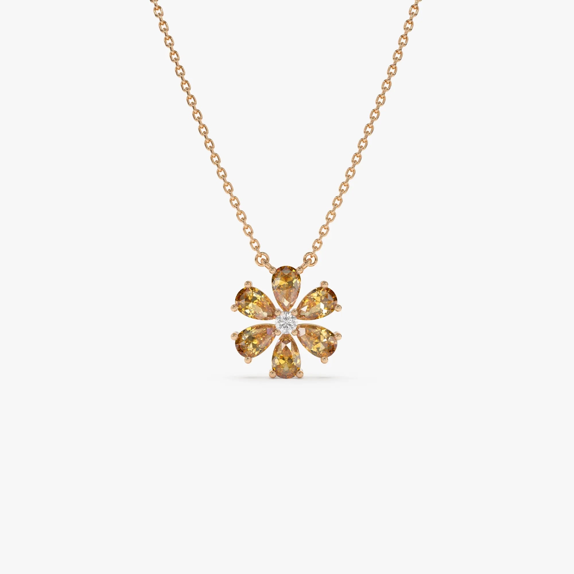 14k Solid Gold Citrine and Diamond Pear and Round Flower Necklace 1.40 Carat