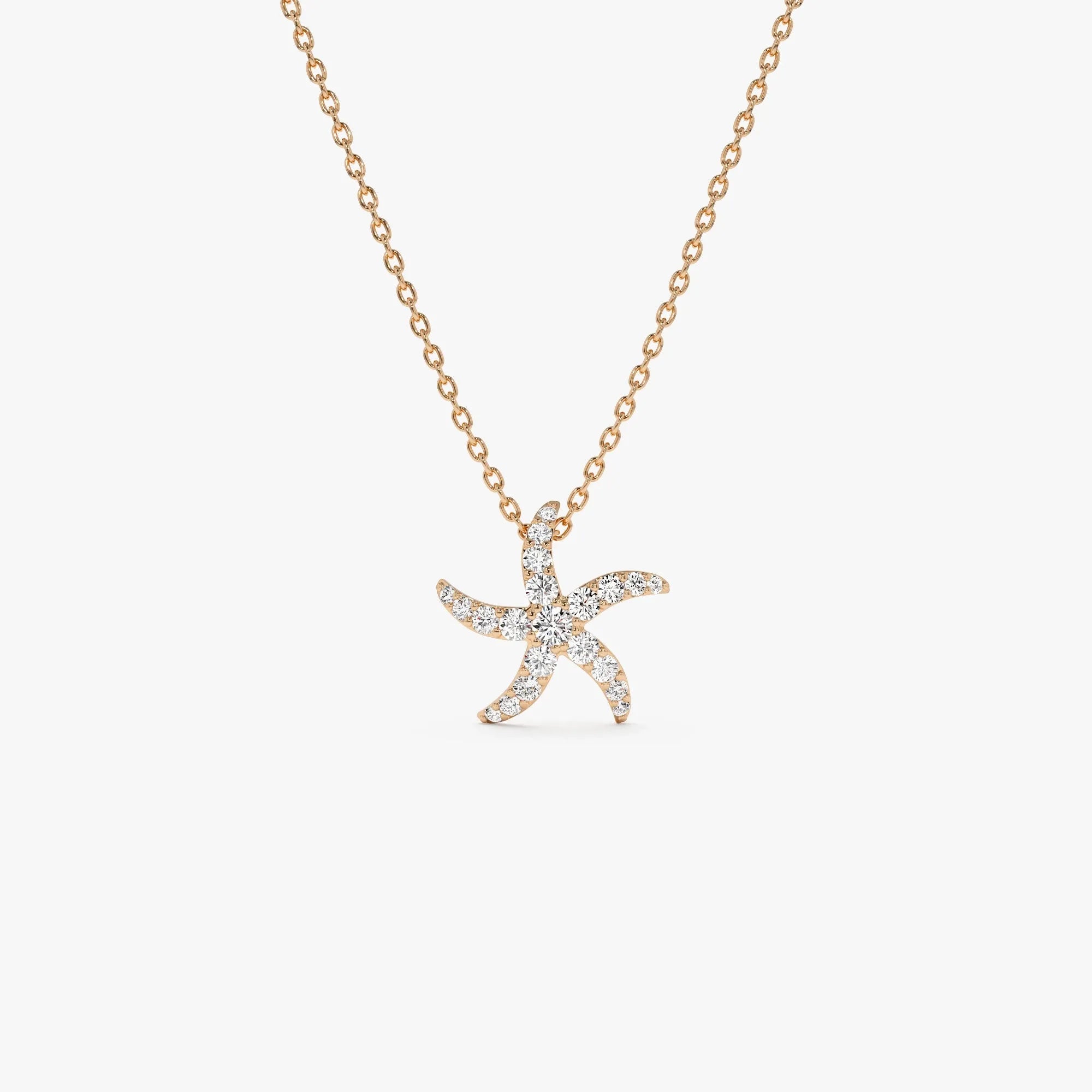 14K Solid Gold 0.25 CTW Round Diamond Starfish Charm Pendant Necklace