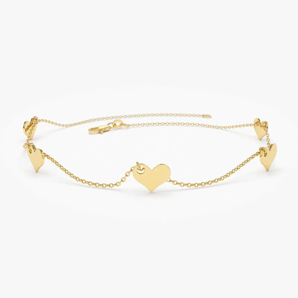 14k Solid Gold Five Dangle Heart Bracelet with Charms
