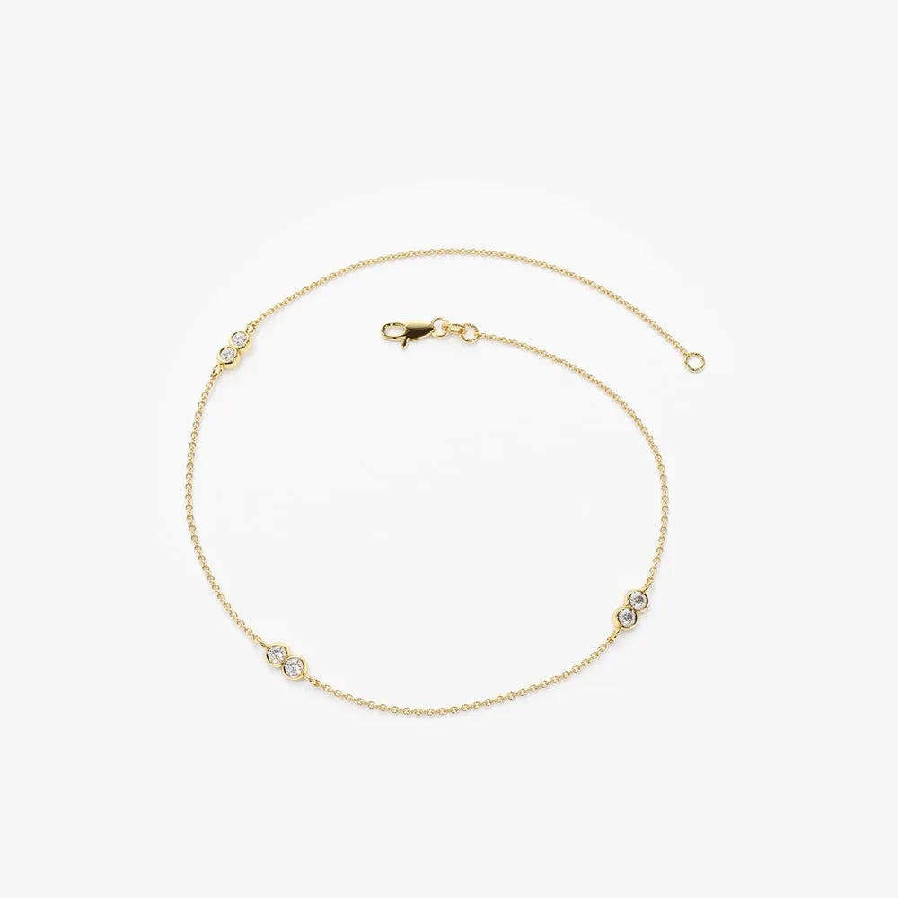 14K Solid Gold Round Diamond Double Station Chain Bracelet Bezel Setting 0.18 Carat