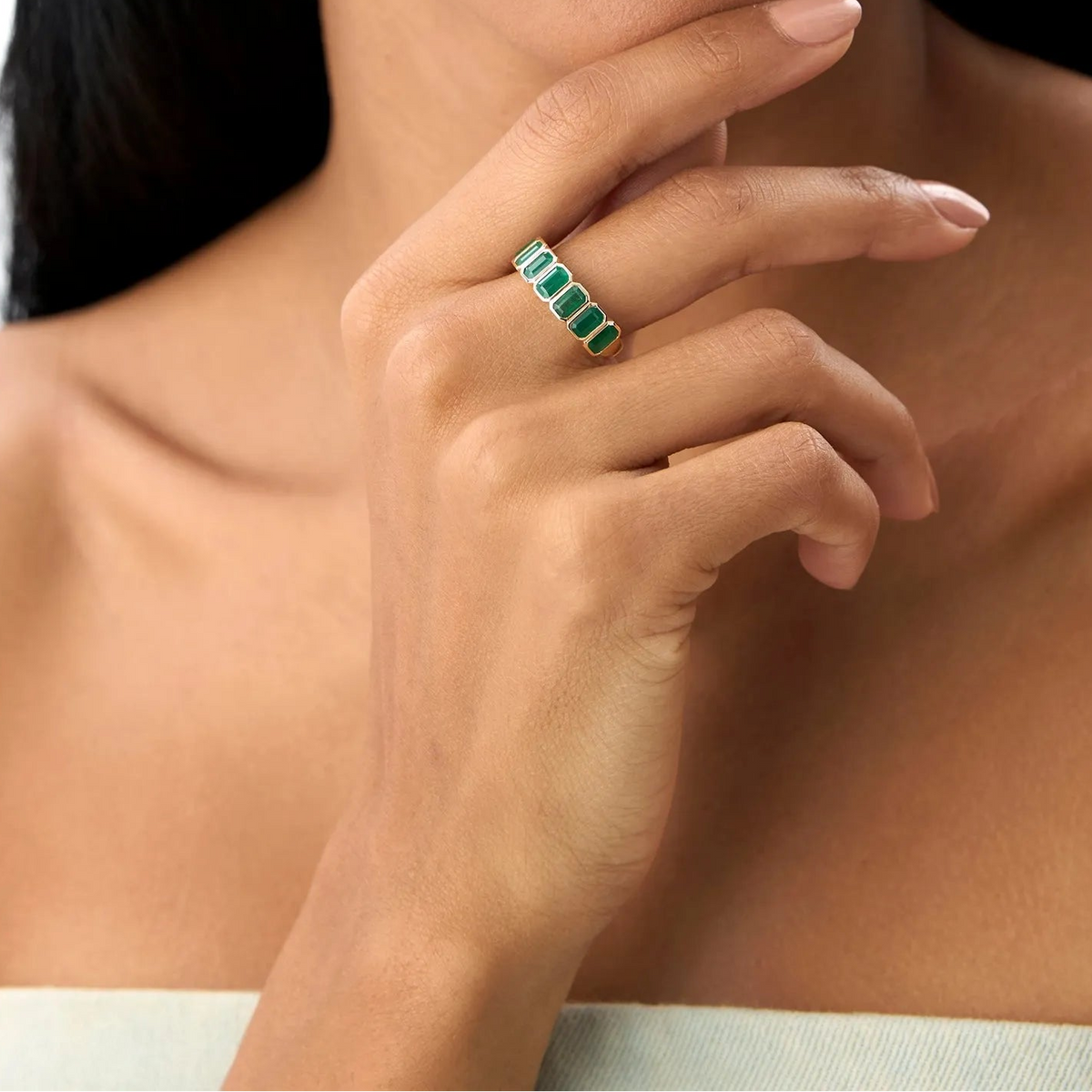 14K Solid Gold Octagon Emerald Seven Stone Bezel Set Ring 2.05 CTW