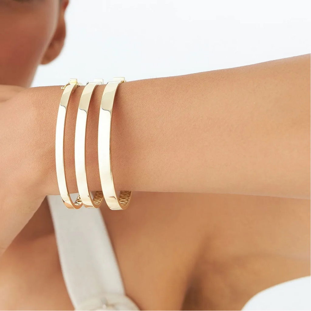 14K Solid Gold Flat Stackable Bangle Bracelet with Box Lock Closure