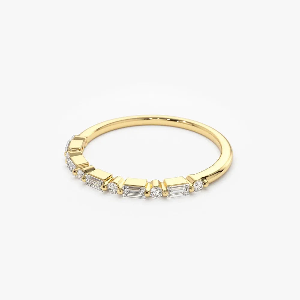 14K Solid Gold Baguette and Round Diamond Shared Prong Band Ring