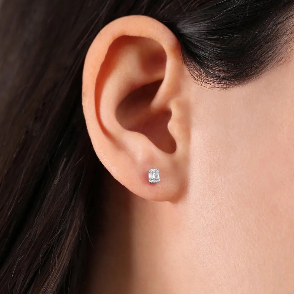 14k Gold Diamond Baguette and Round Cut Mini Stud Earrings 0.10 ctw