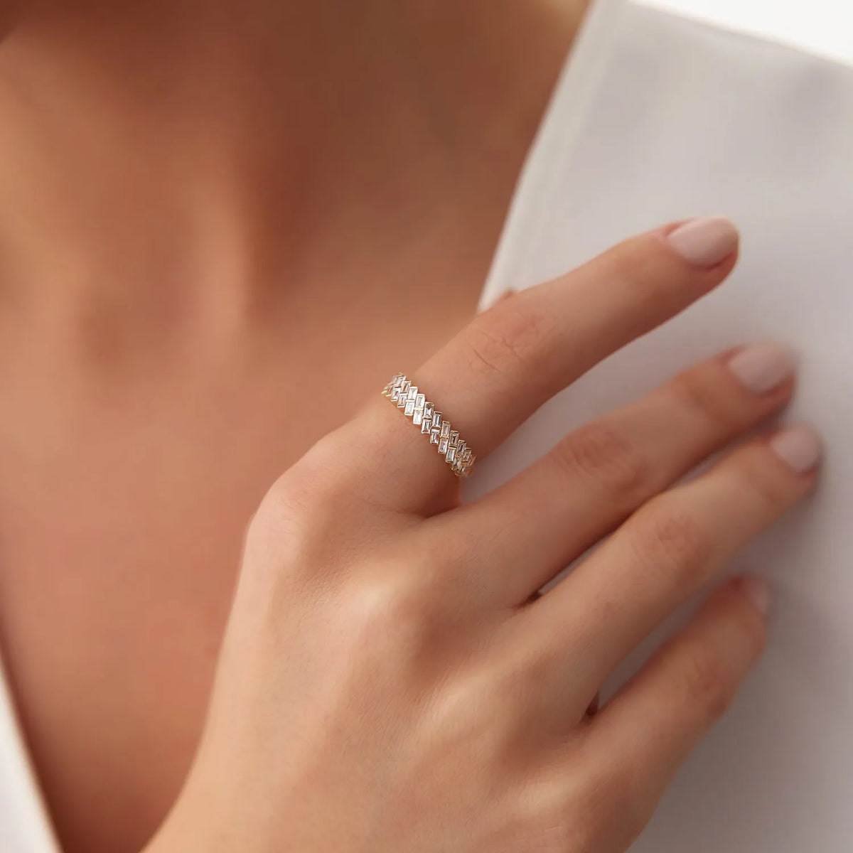 14k Gold Double Row Diagonal Baguette Diamond Ring 0.55 ctw