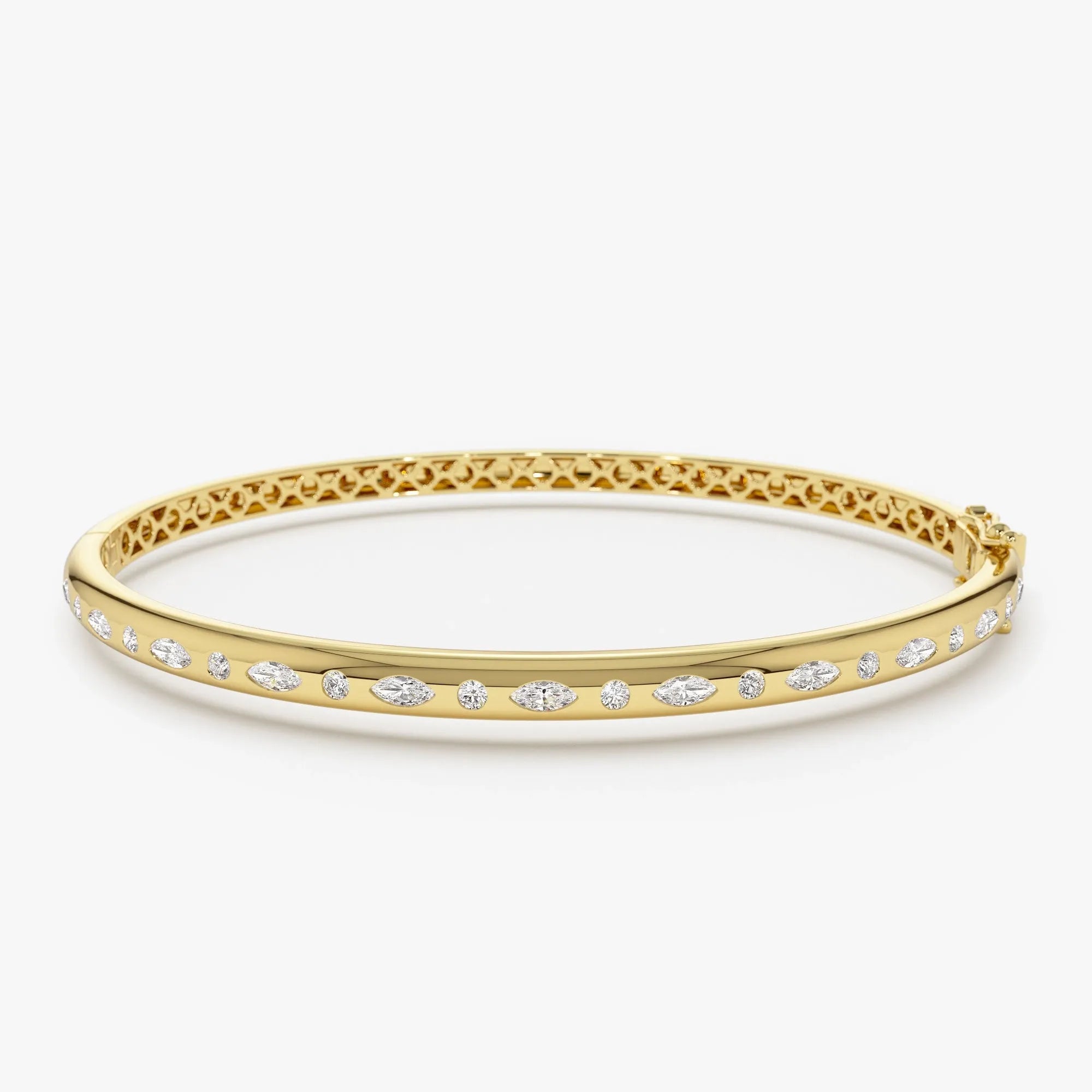 14K Solid Gold 0.65 CTW Marquise and Round Diamond Flush Setting Bangle
