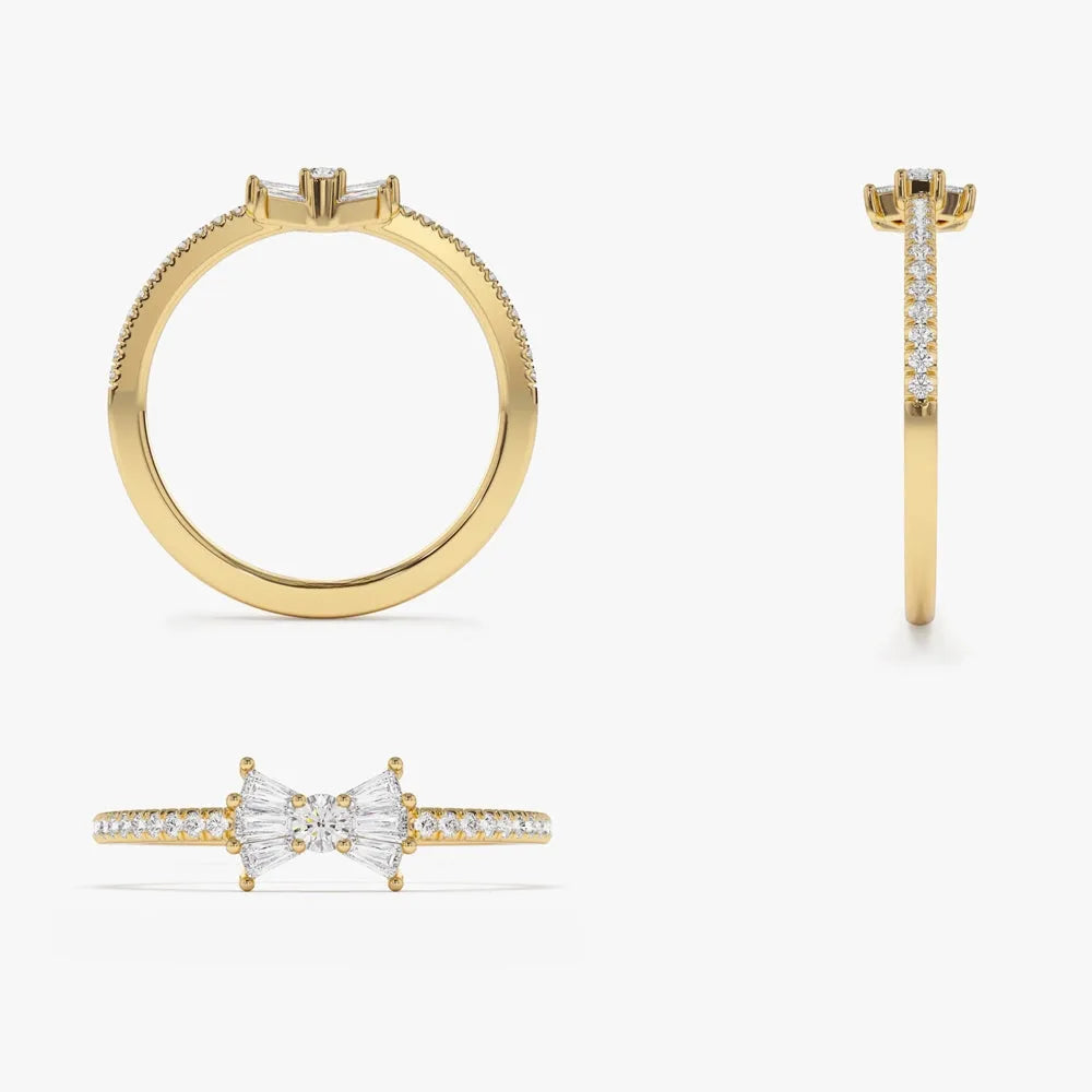 14k Gold 0.25 ctw Baguette and Round Diamond Bow Ring
