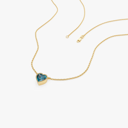 14k Solid Gold London Blue Topaz Heart Shaped Layering Necklace 0.55 Carat