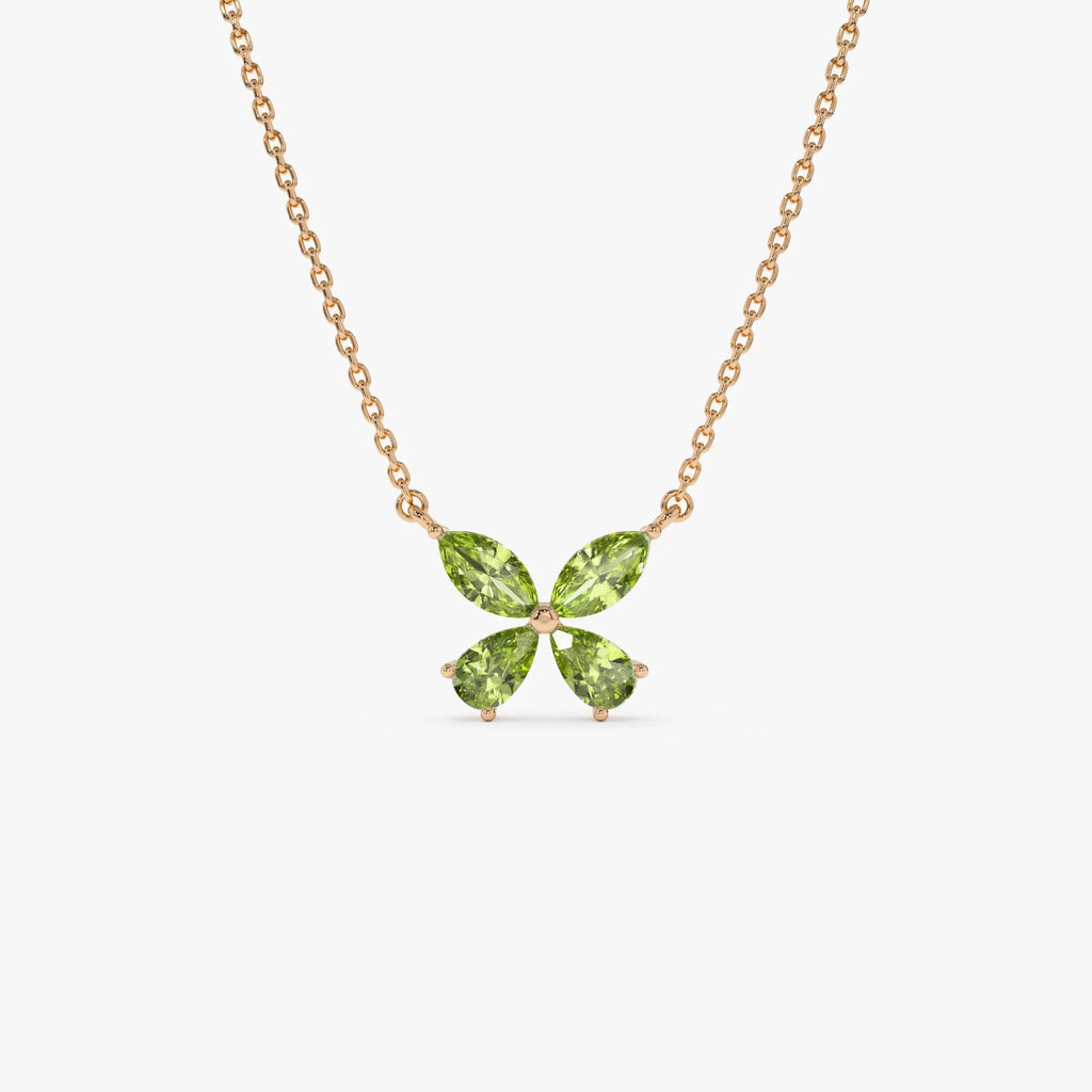 14k Solid Gold Peridot Pear and Marquise Butterfly Necklace 1.10 Carat