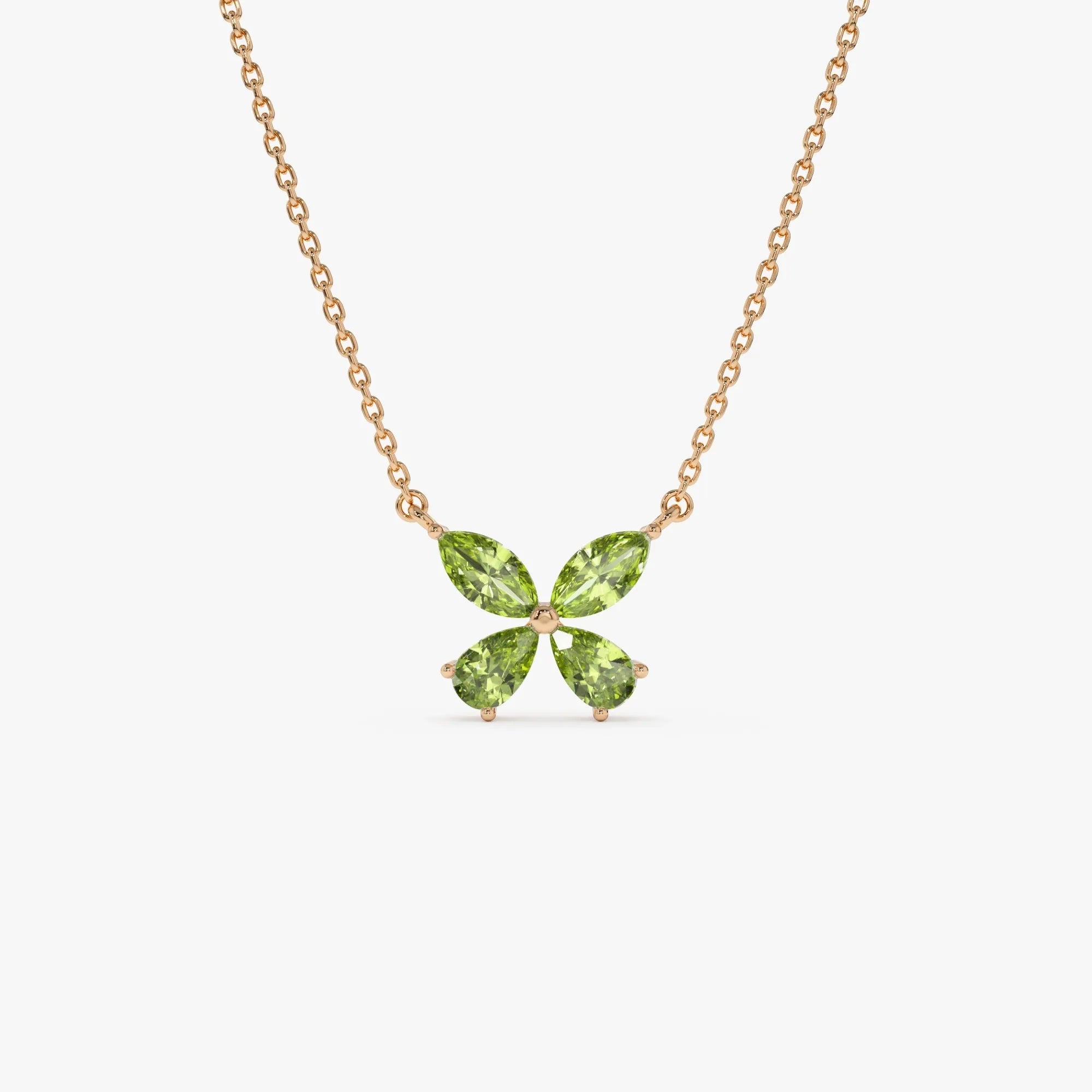 14k Solid Gold Peridot Pear and Marquise Butterfly Necklace 1.10 Carat