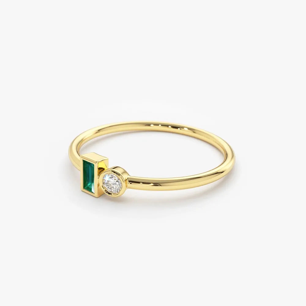 14K Solid Gold Baguette Emerald and Round Diamond Bezel Set Stackable Ring 0.13 CTW