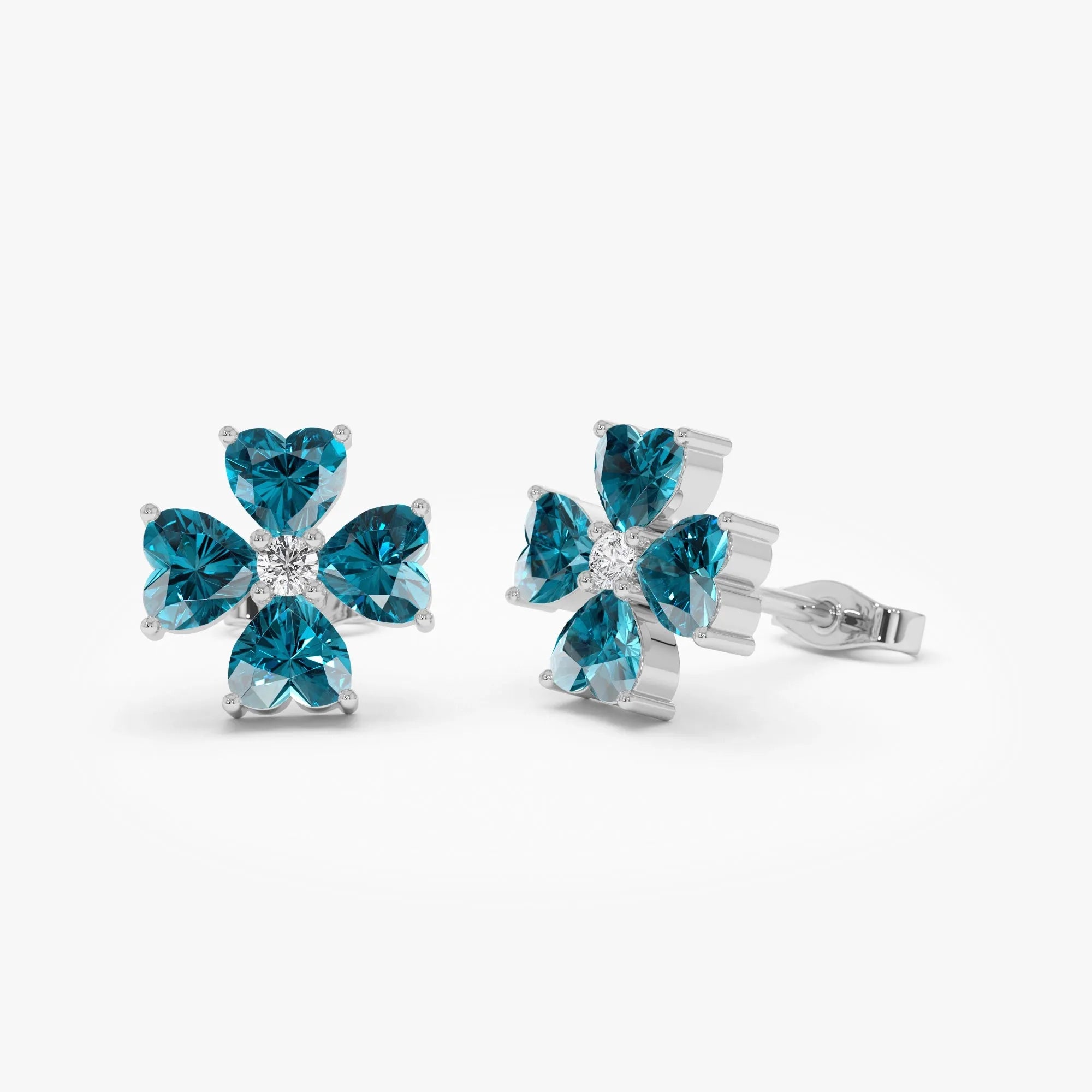 14K Gold Heart Shaped London Blue Topaz and Diamond Four Leaf Clover Stud Earrings