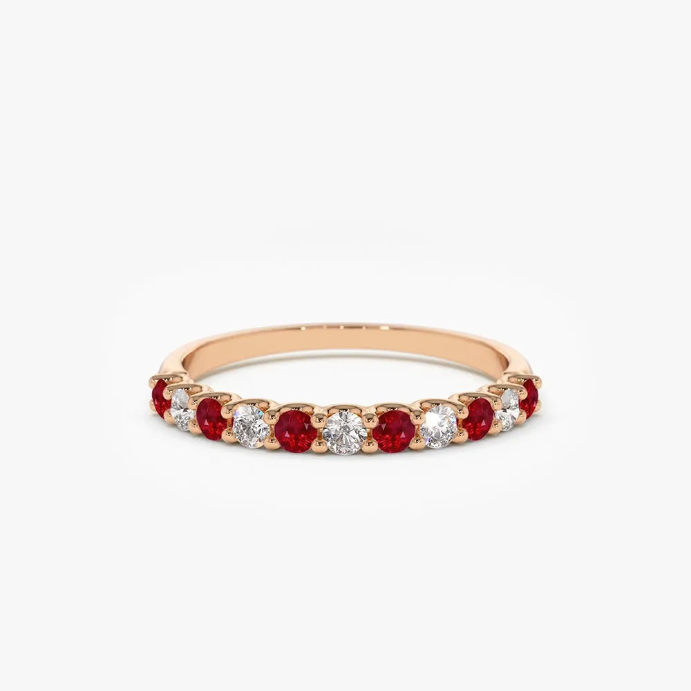 14k Gold Ruby and Diamond Round Cut Shared Prong Wedding Ring Band 0.43 ctw