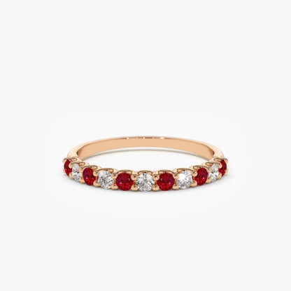 14k Gold Ruby and Diamond Round Cut Shared Prong Wedding Ring Band 0.43 ctw