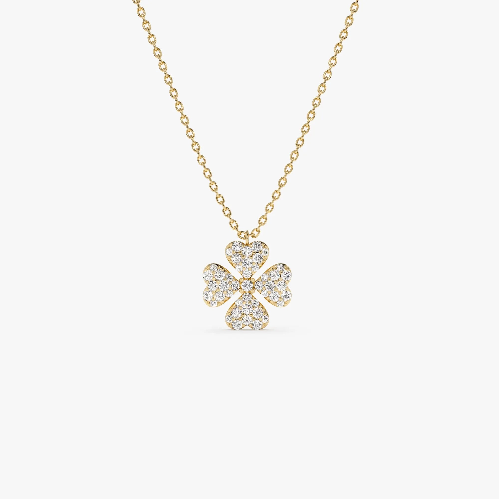 14K Solid Gold 0.25 CTW Round Diamond Clover Necklace