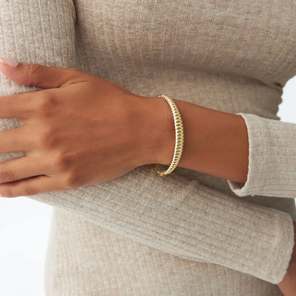 14K Solid Gold Wide Chunky Ribbed Bangle Bracelet