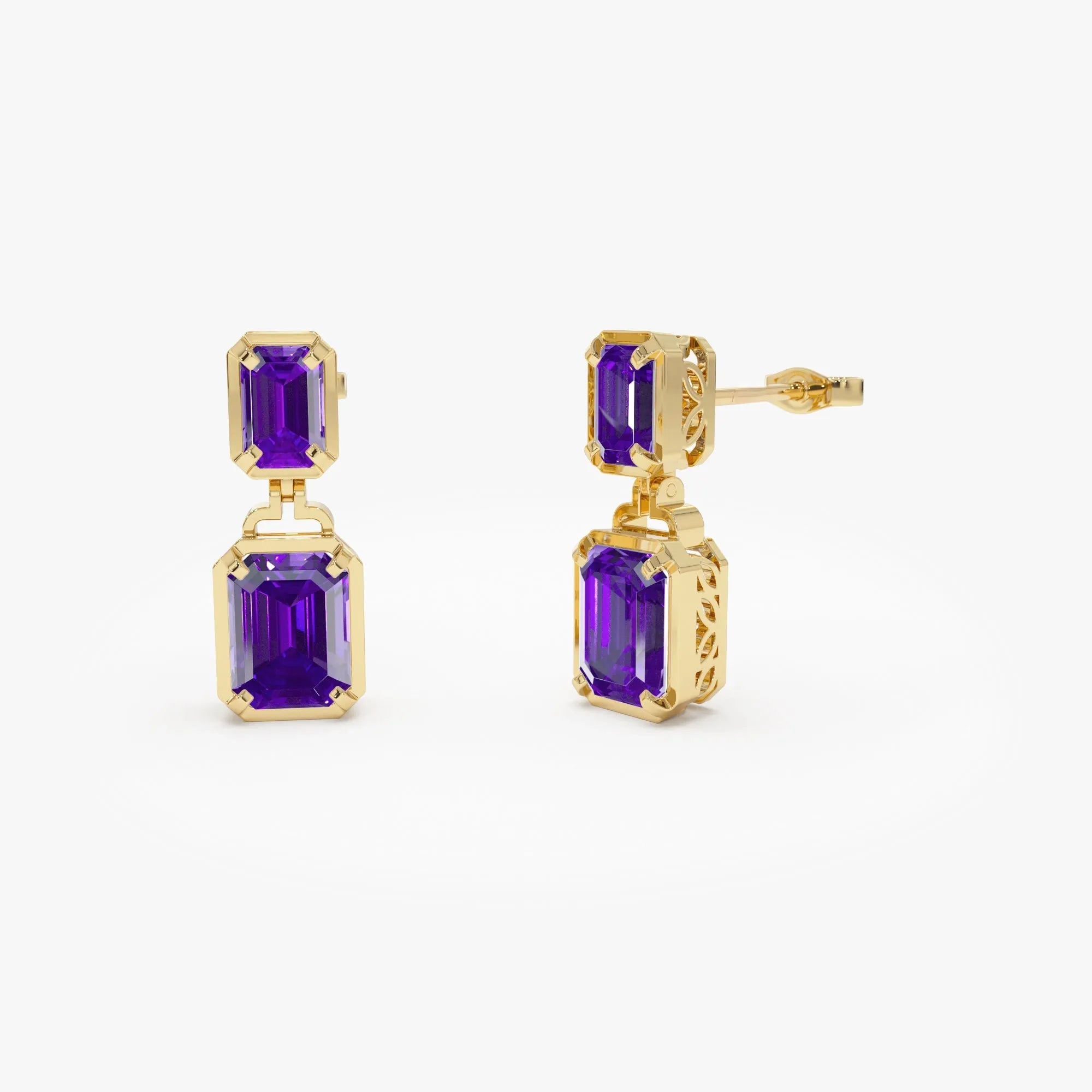 14K Solid Gold Octagon Cut Amethyst Dangle Drop Earrings 4.05ctw