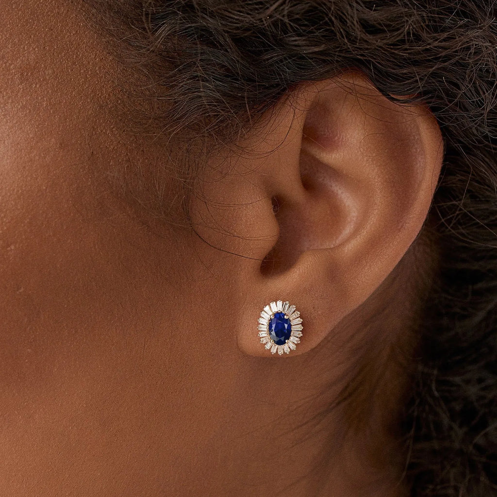 14k Solid Gold Oval Blue Sapphire and Baguette Diamond Ballerina Stud Earrings 1.75 ctw