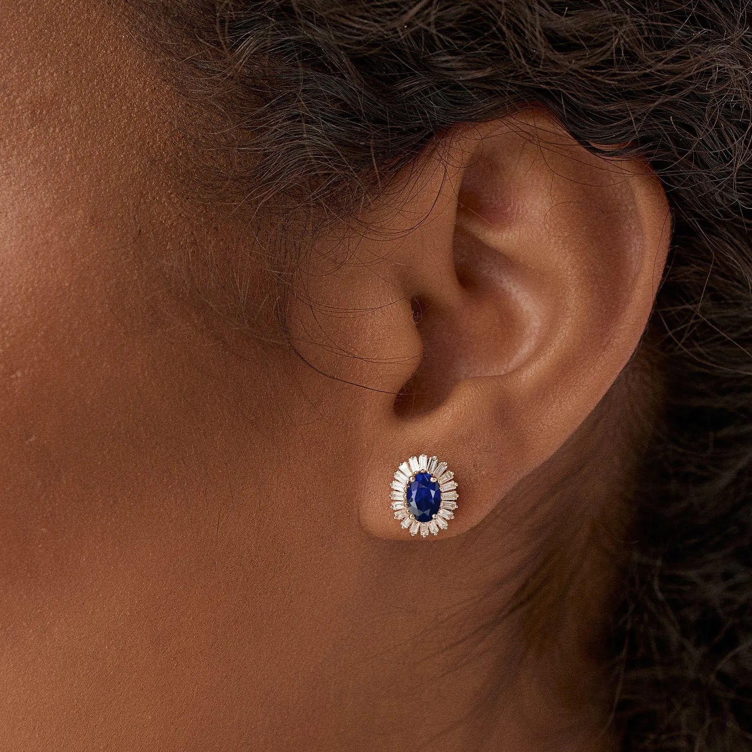 14k Solid Gold Oval Blue Sapphire and Baguette Diamond Ballerina Stud Earrings 1.75 ctw