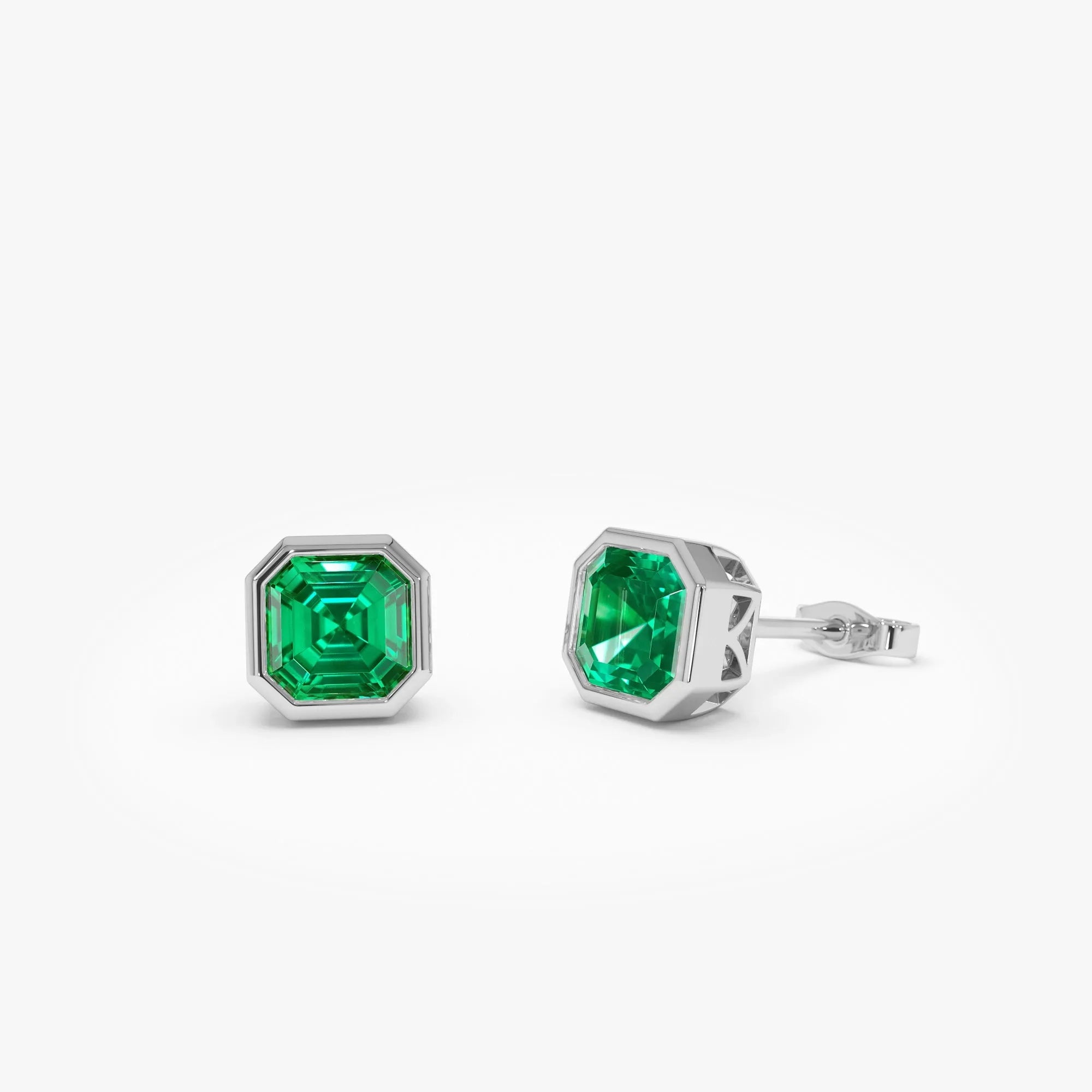 14k Gold Lab Grown Colombian Emerald Asscher Cut Bezel Setting Stud Earrings 2.30 ctw