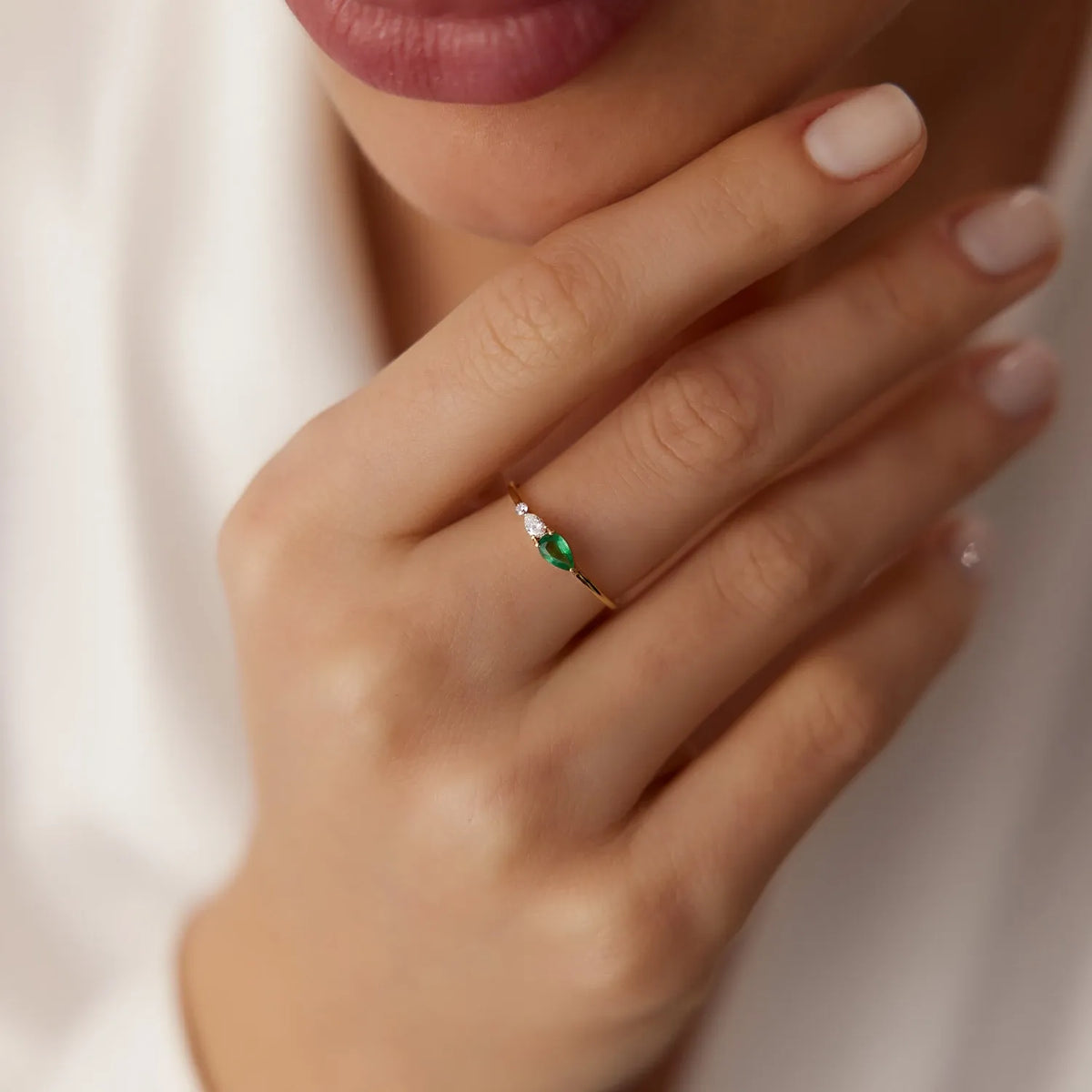 14K Solid Gold Pear Emerald and Round Diamond Three Stone Ring 0.30 CTW Handcrafted Jewelry