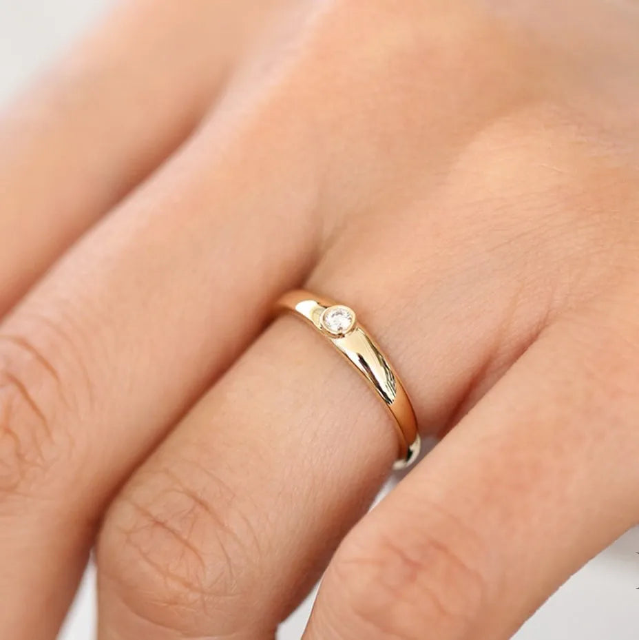 14k Solid Gold 0.07ctw Round Cut Diamond Dome Bezel Set Ring