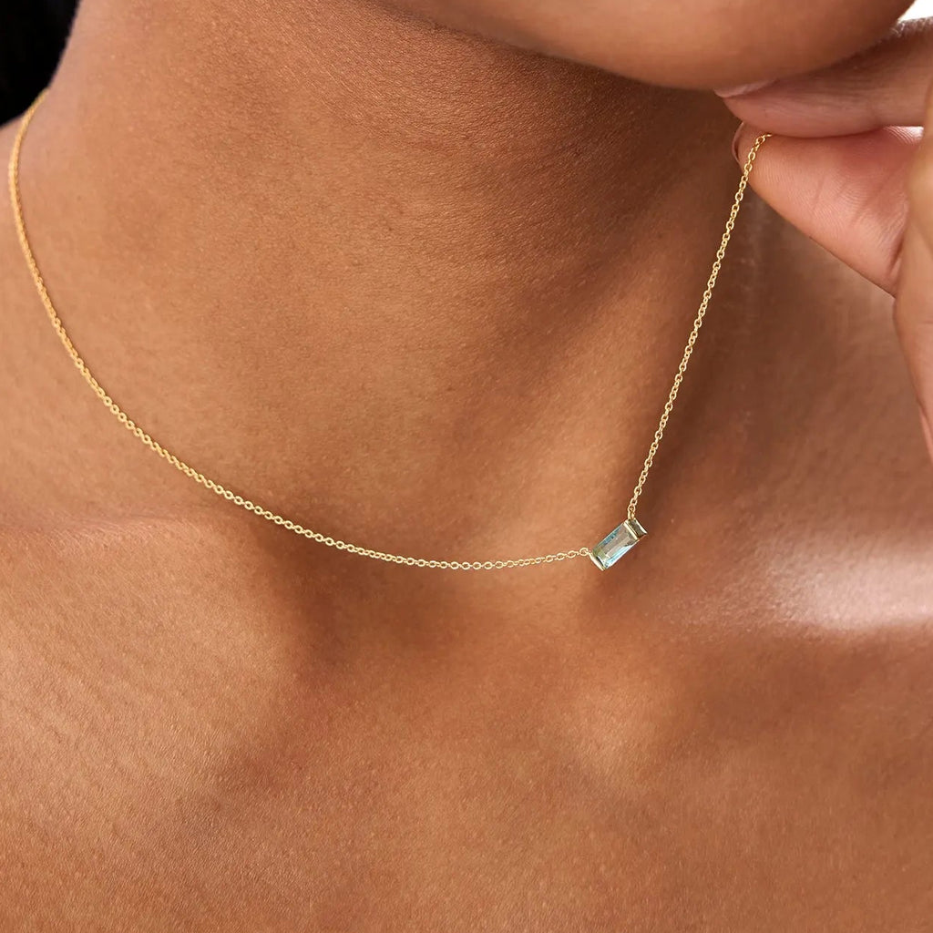 14k Solid Gold London Blue Topaz Baguette Birthstone Necklace 0.45 Carat