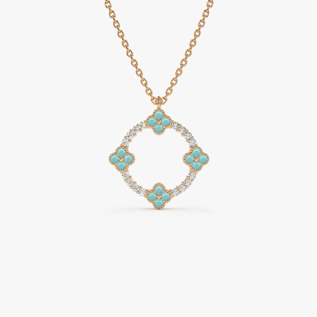 14k Solid Gold Turquoise and Diamond Round Clover Necklace 0.33 Carat