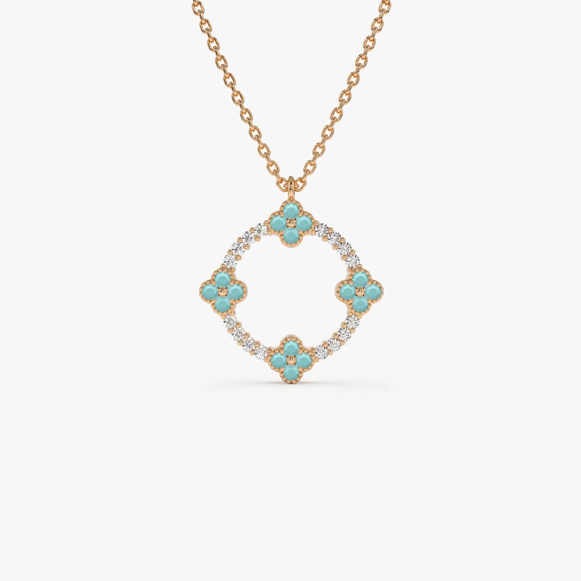 14k Solid Gold Turquoise and Diamond Round Clover Necklace 0.33 Carat