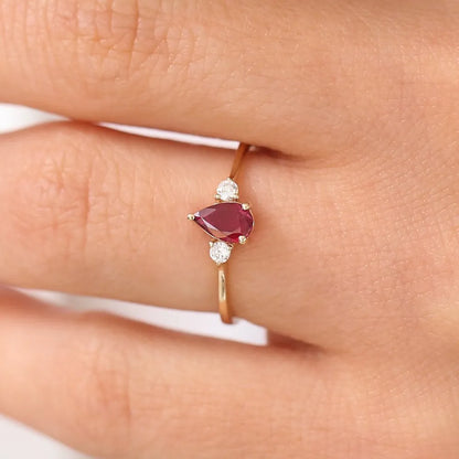 14k Gold Ruby and Diamond Pear Cut Three Stone Ring 0.47 ctw