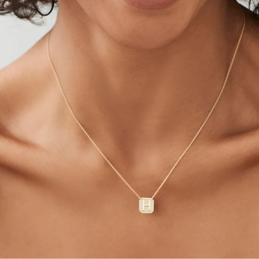 14K Solid Gold Round Diamond Initial Letter Pendant Necklace Prong Setting 0.10ctw