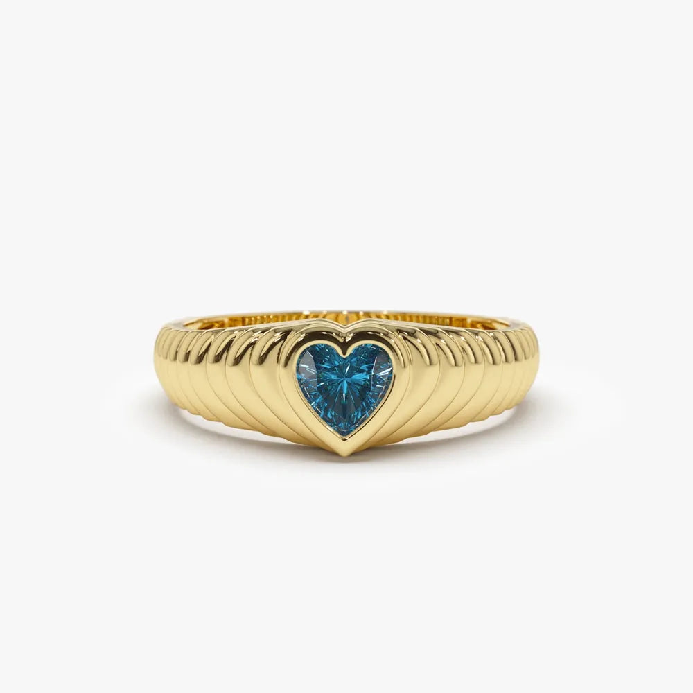 14K Solid Gold Heart Shape Blue Topaz 0.45 Carat Dome Beveled Ring