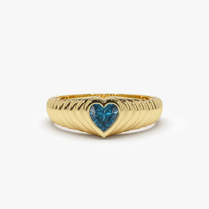14K Solid Gold Heart Shape Blue Topaz 0.45 Carat Dome Beveled Ring