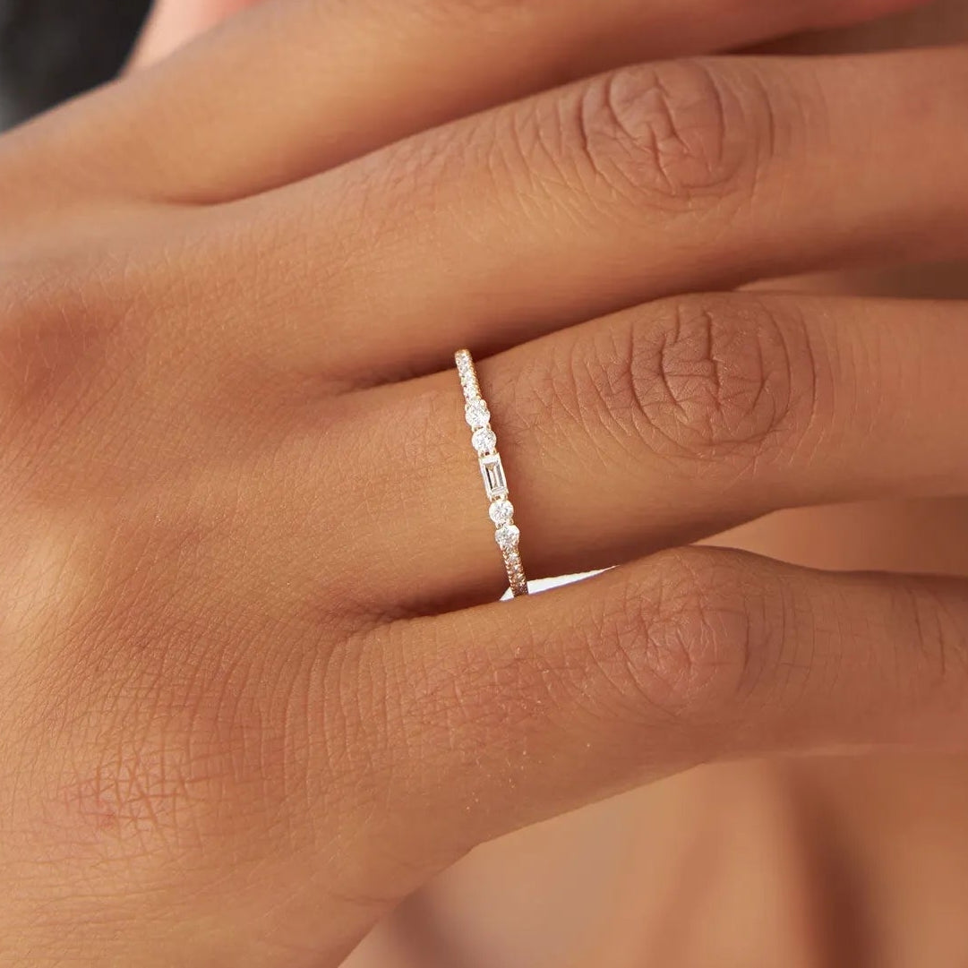 14K Gold Baguette and Round Diamond Stackable Ring 0.19 ctw