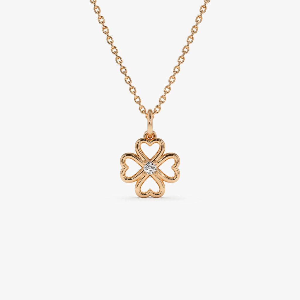 14K Solid Gold 0.04 CTW Round Diamond Single Clover Necklace