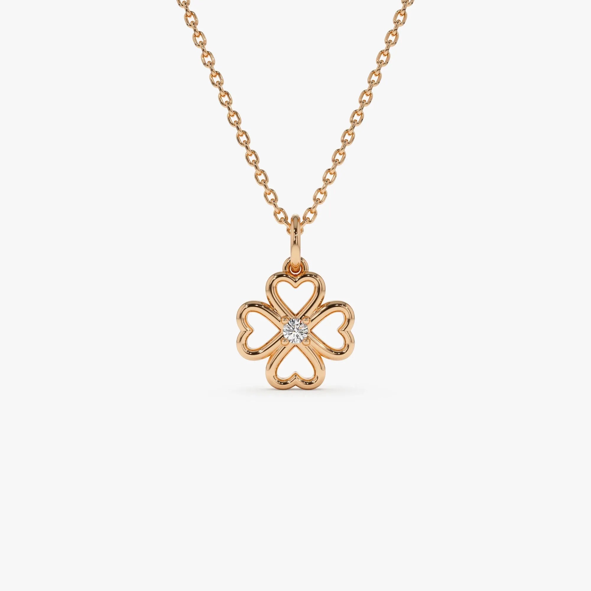 14K Solid Gold 0.04 CTW Round Diamond Single Clover Necklace