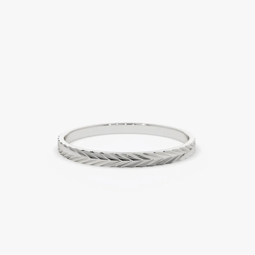 14K Solid Gold Chevron Herringbone Eternity Cut Minimalist Wedding Band Ring