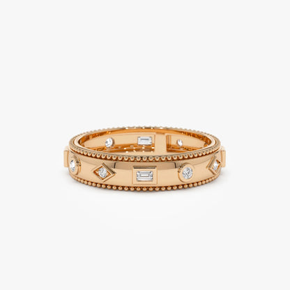 14K Solid Gold Round and Baguette Diamond 0.16 Carat Mixed Shape Band